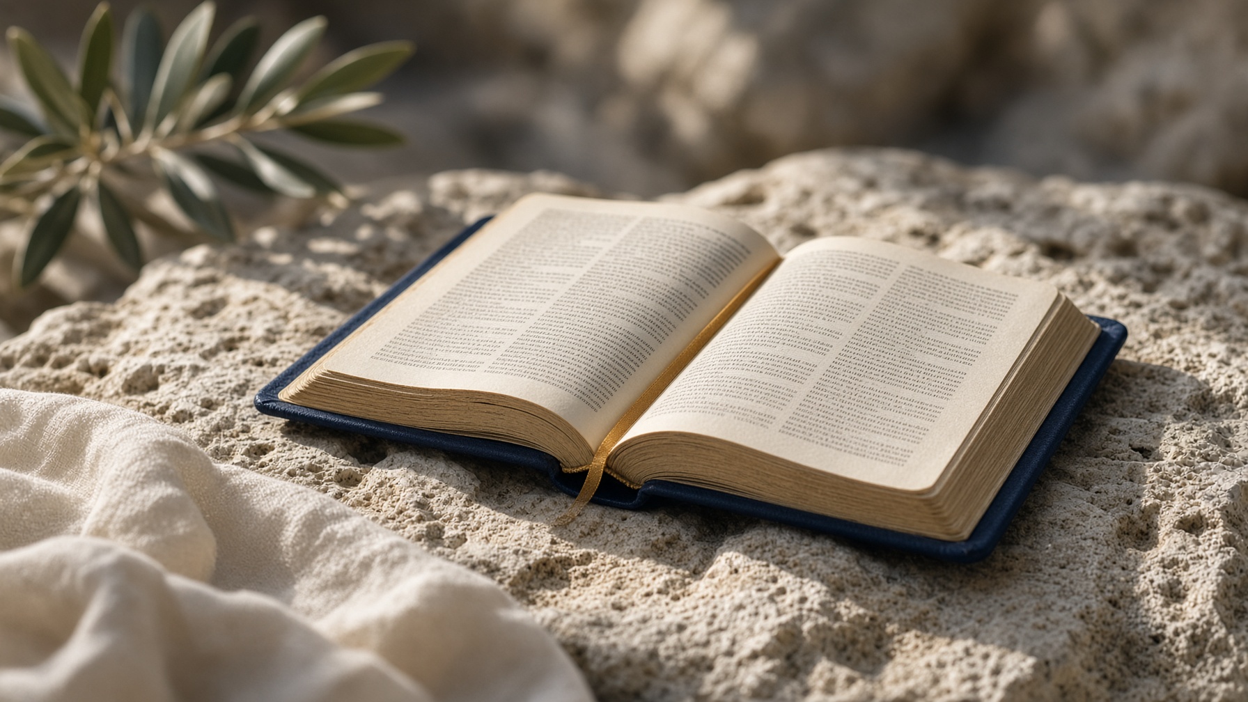 An open Bible in morning light, navy cloth and honey-colored sun